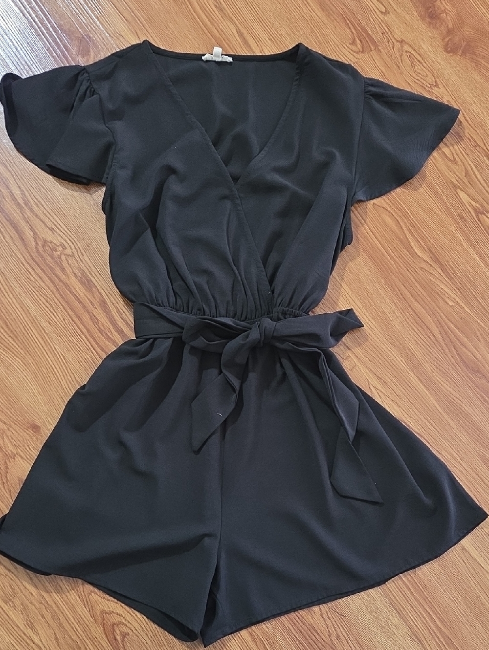 Jodifl Black Wrap-Front Romper with Tie Waist, Size S